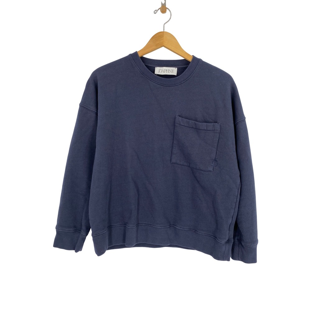 Daphne Sweatshirt Women Small Blue Pocket Crewneck Long Sleeve Cotton